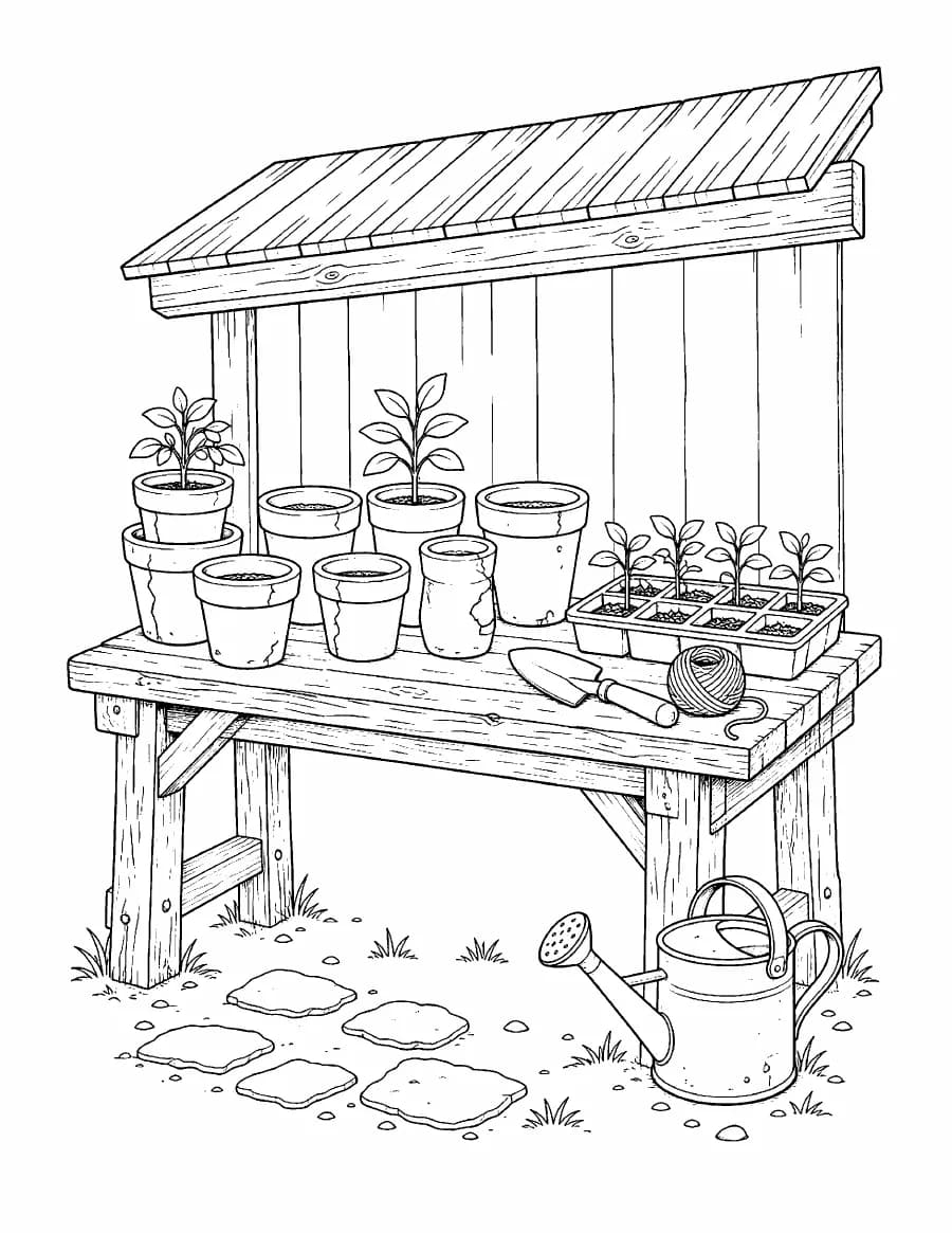 The Cottage Garden Coloring Book: the potting bench