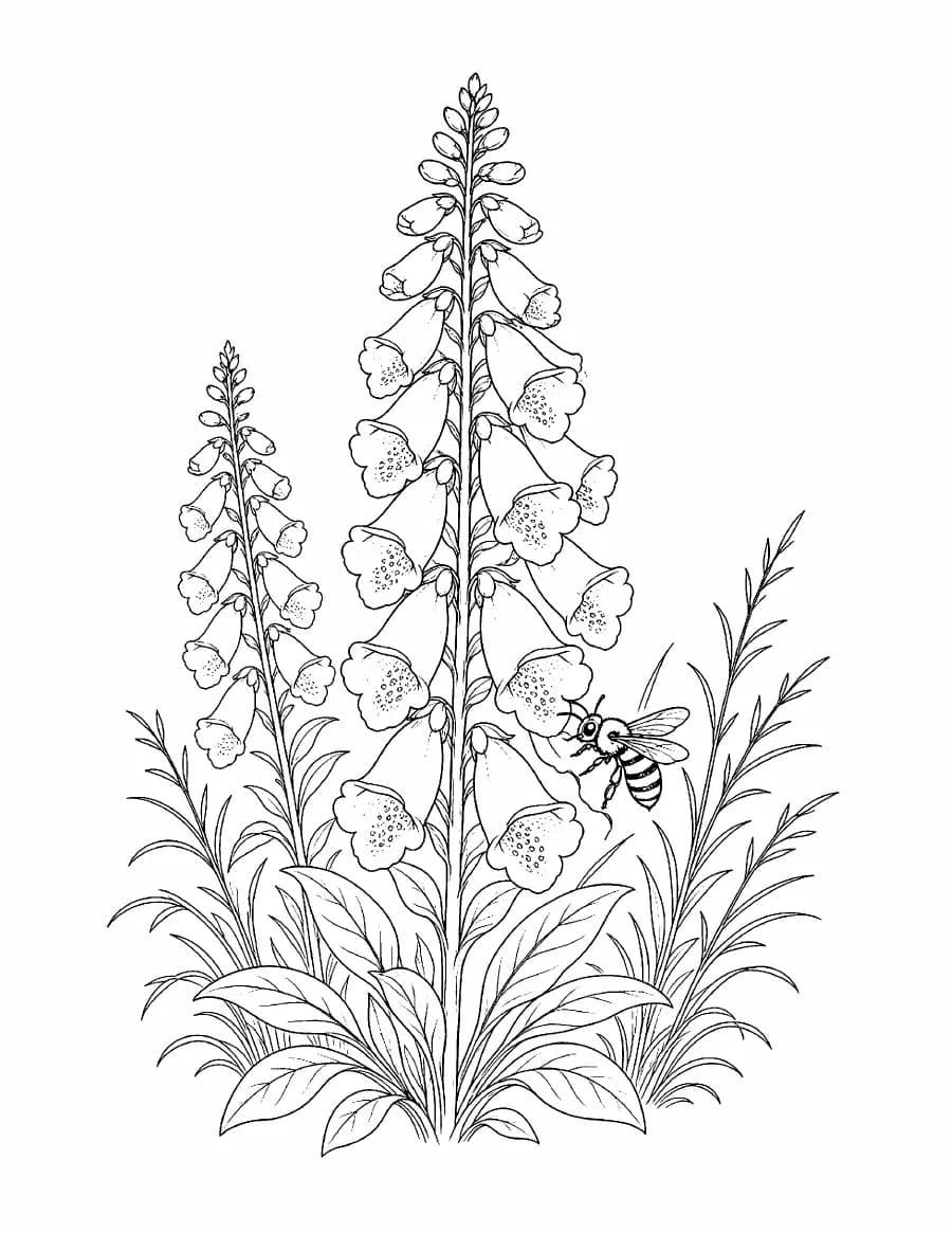 The Cottage Garden Coloring Book: foxgloves and a bee