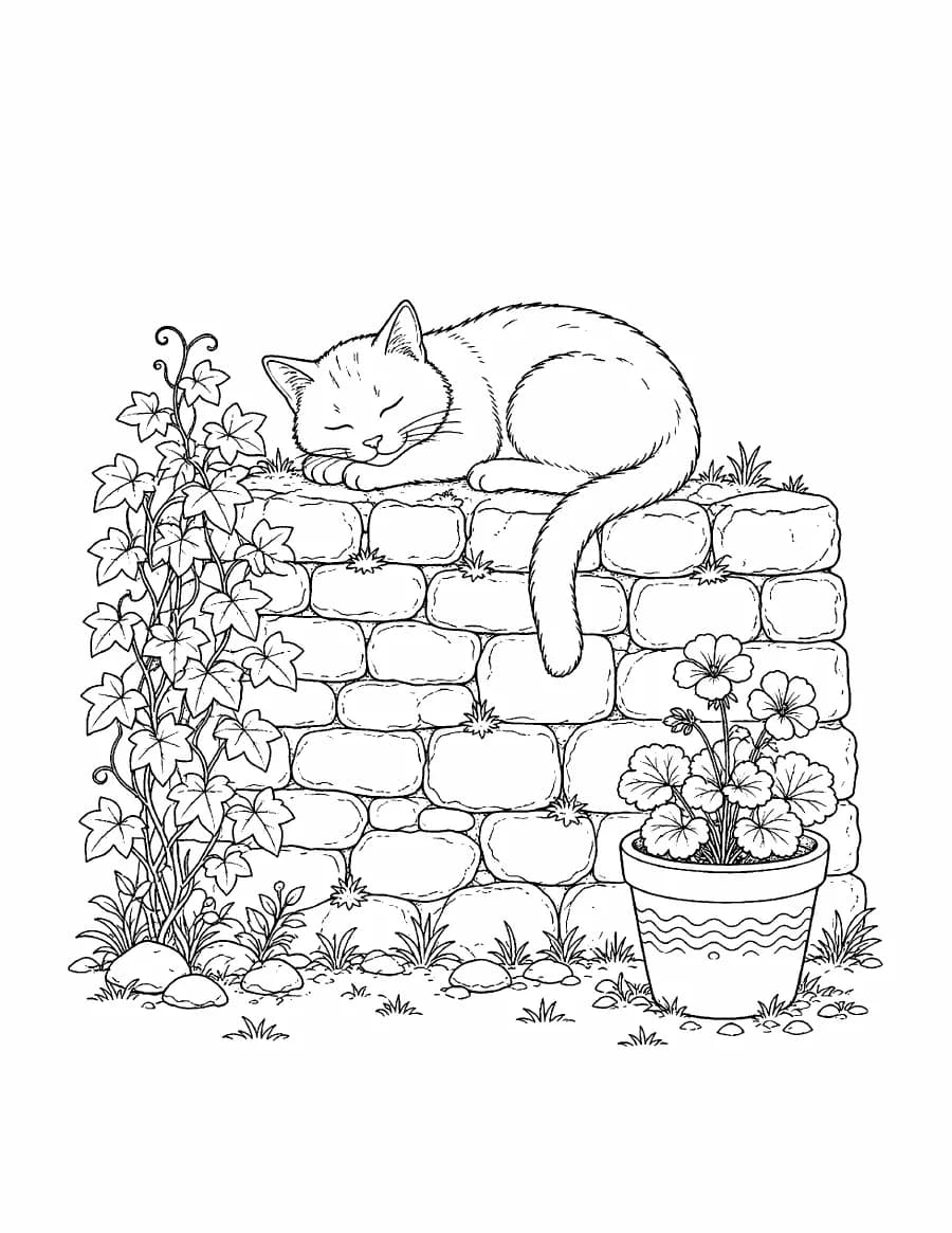 The Cottage Garden Coloring Book: cat on the stone wall